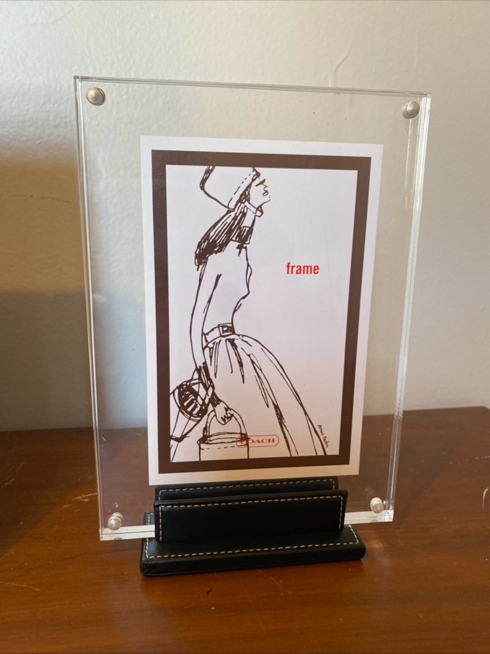 Coach Vintage Picture Frame Magnetic Lucite Black Leather Base 5x7 inches